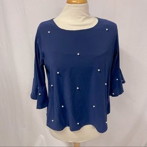 Blue 3/4 Sleeve Pearl Blouse